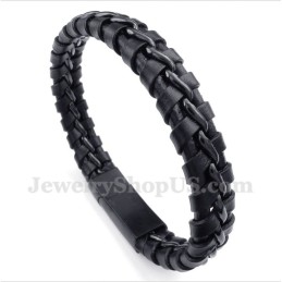 Pulseira Masculina De Couro Preto De Titânio