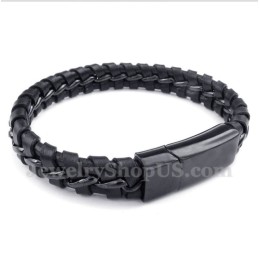 Pulseira Masculina De Couro Preto De Titânio