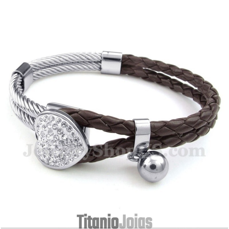 Pulseira Masculina De Couro E Titânio Em Formato De Coração Pulseira Masculina De Couro E Titânio Em Formato De Coração