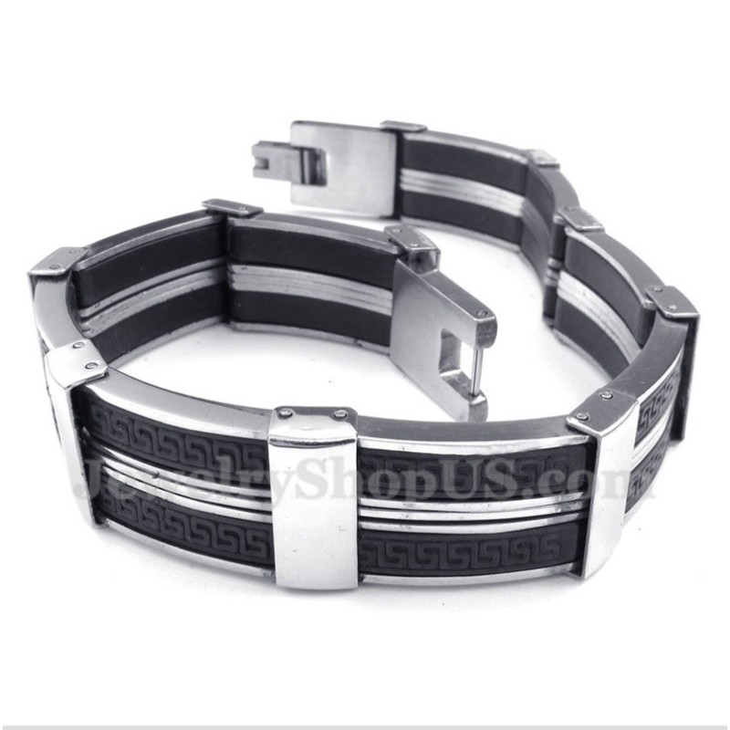 Pulseira Masculina De Titânio E Borracha Com Padrão Grego Meandro Pulseira Masculina De Titânio E Borracha Com Padrão Grego Meandro