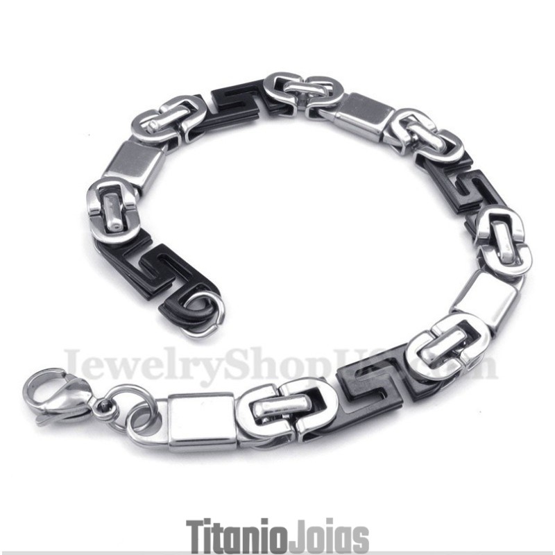 Pulseira Masculina Preta Com Padrão Grego Meandro Em Titânio Pulseira Masculina Preta Com Padrão Grego Meandro Em Titânio