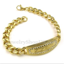 Pulseira Masculina De Titânio Dourado Com Diamantes E Padrão Grego Meandro
