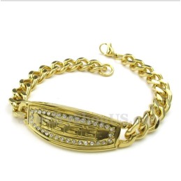 Pulseira Masculina De Titânio Dourado Com Diamantes E Padrão Grego Meandro