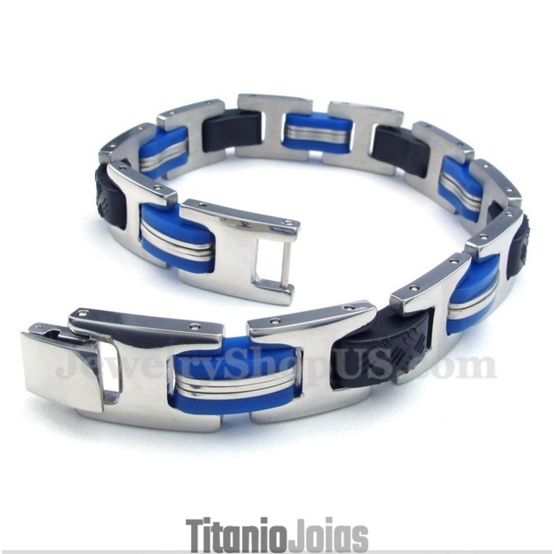 Pulseira Masculina De Titânio Azul E Preta De Borracha Pulseira Masculina De Titânio Azul E Preta De Borracha