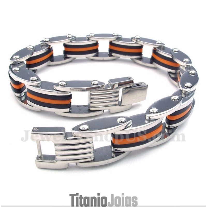 Pulseira Masculina De Titânio Laranja E Preta De Borracha Pulseira Masculina De Titânio Laranja E Preta De Borracha