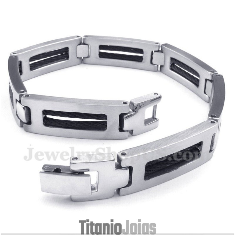 Pulseira Masculina De Titânio Com Cabo Preto