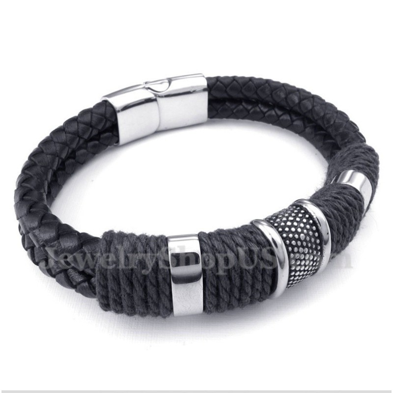 Pulseira Masculina De Couro Preto De Titânio Pulseira Masculina De Couro Preto De Titânio