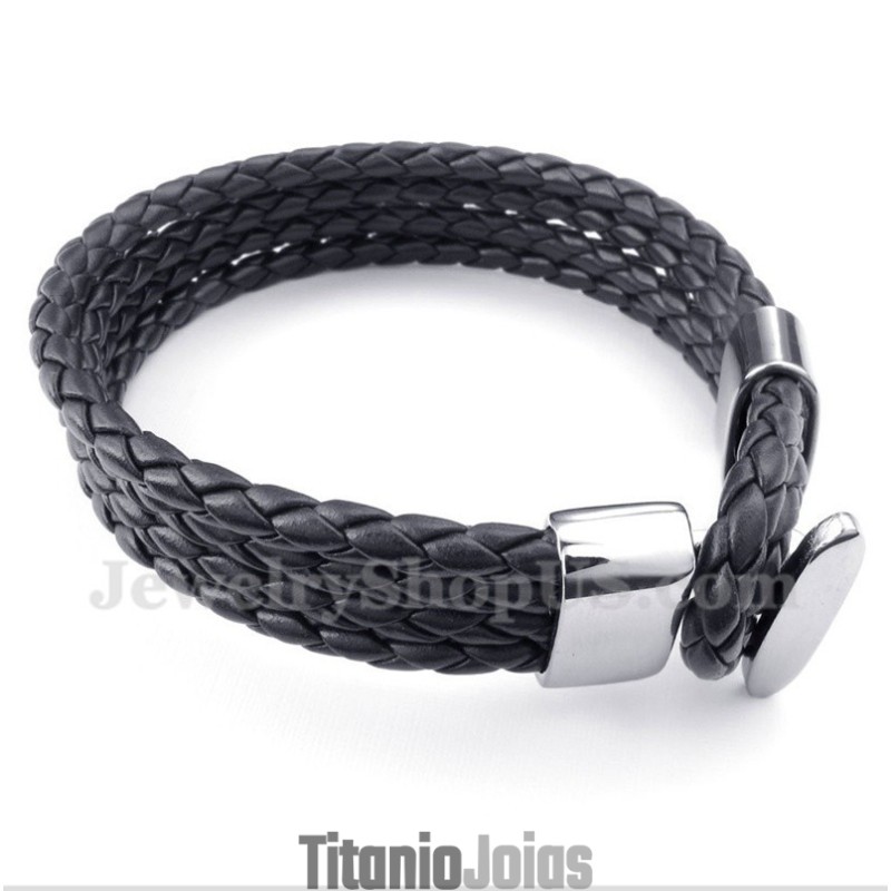 Pulseira Masculina De Couro Preto De Titânio Pulseira Masculina De Couro Preto De Titânio
