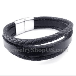 Pulseira Masculina De Couro Preto De Titânio