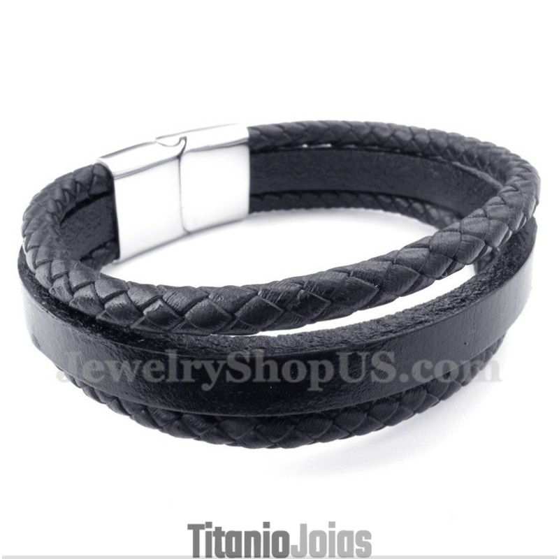 Pulseira Masculina De Couro Preto De Titânio Pulseira Masculina De Couro Preto De Titânio