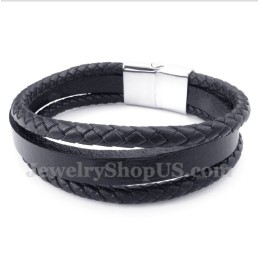 Pulseira Masculina De Couro Preto De Titânio
