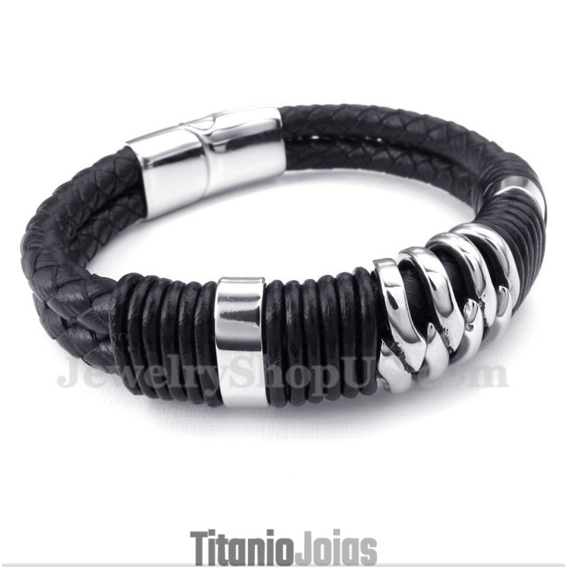 Pulseira Masculina De Couro Preto De Titânio Pulseira Masculina De Couro Preto De Titânio