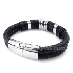 Pulseira Masculina De Couro Preto De Titânio