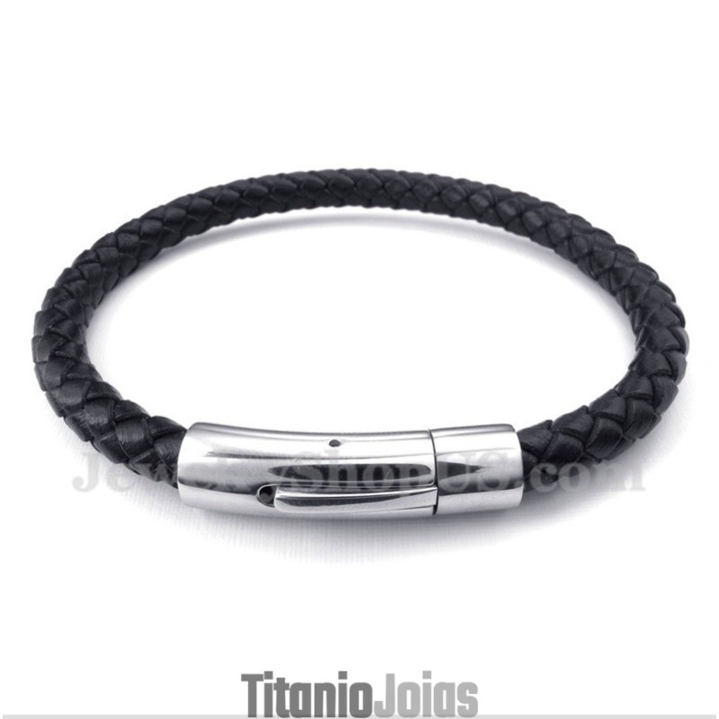 Pulseira Masculina De Couro Preto De Titânio Pulseira Masculina De Couro Preto De Titânio