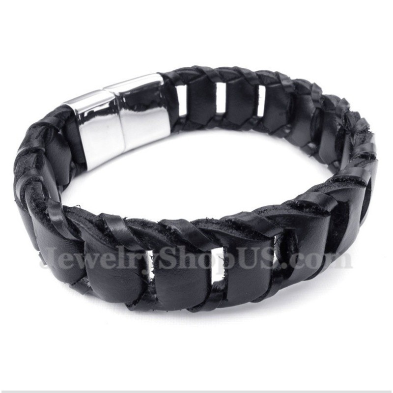 Pulseira Masculina De Couro Preto De Titânio Pulseira Masculina De Couro Preto De Titânio