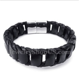 Pulseira Masculina De Couro Preto De Titânio