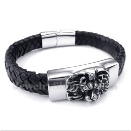 Pulseira De Couro Com Cabeça De Leão Em Titânio Masculino
