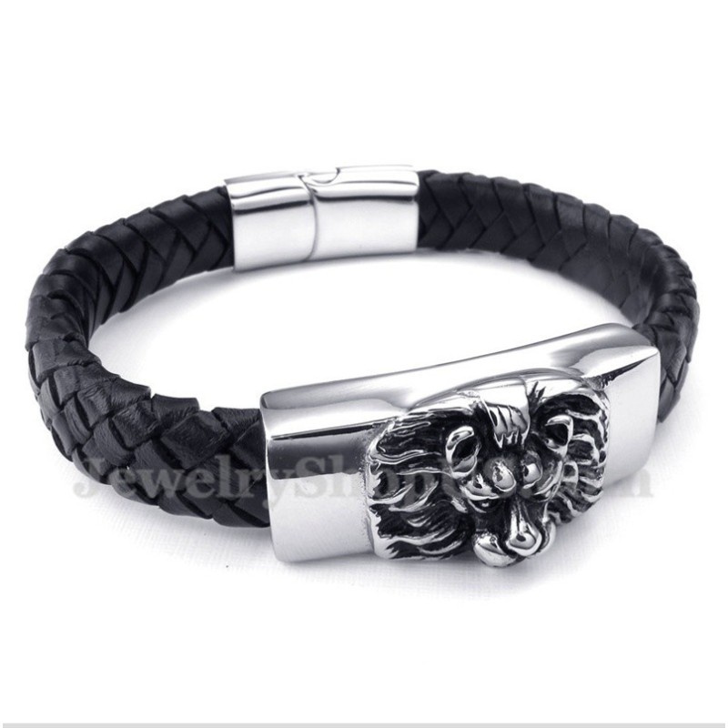Pulseira De Couro Com Cabeça De Leão Em Titânio Masculino Pulseira De Couro Com Cabeça De Leão Em Titânio Masculino