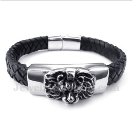 Pulseira De Couro Com Cabeça De Leão Em Titânio Masculino
