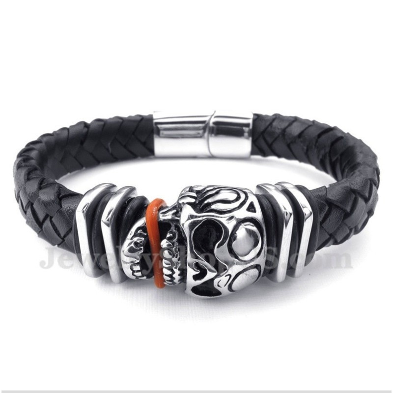 Pulseira De Couro Masculina De Titânio Com Caveira