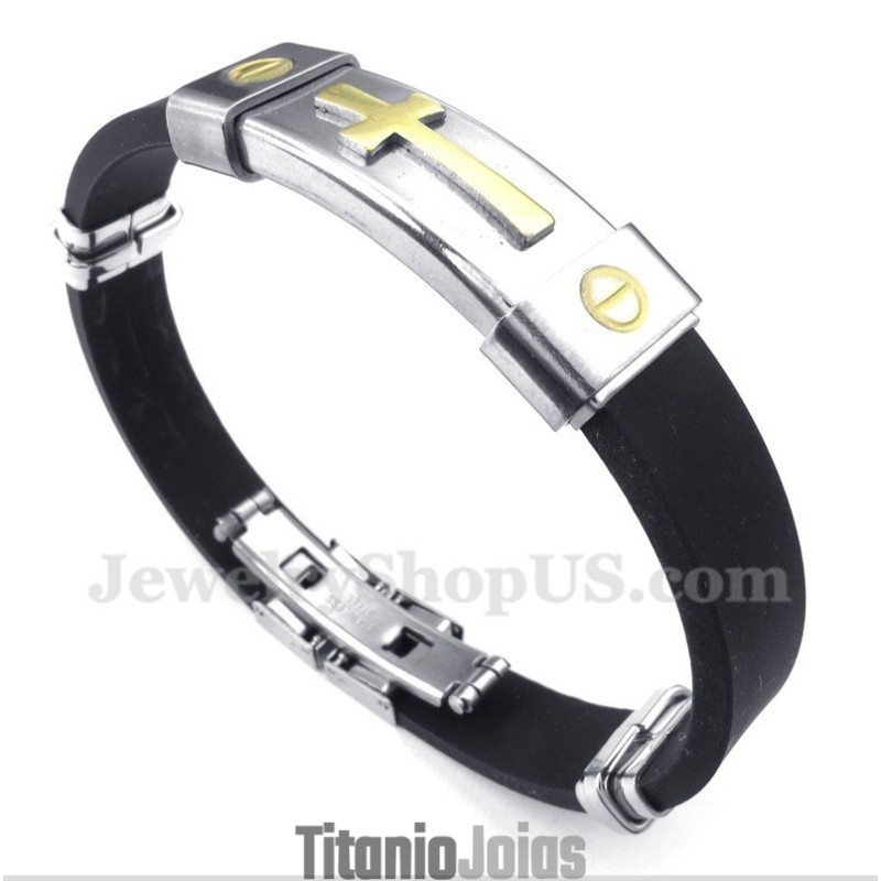 Pulseira Masculina De Titânio E Borracha Com Cruz Pulseira Masculina De Titânio E Borracha Com Cruz
