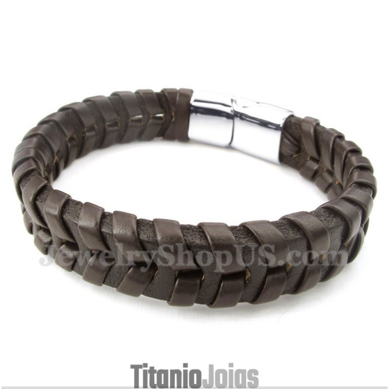 Pulseira Masculina De Couro E Titânio