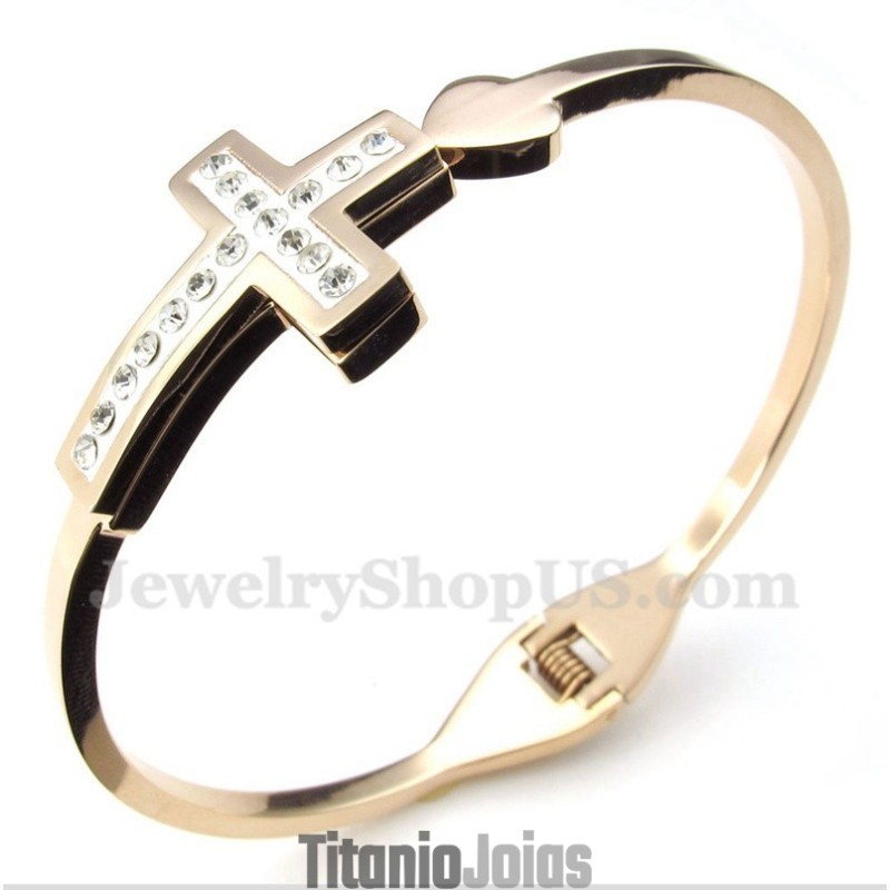 Pulseira Masculina De Titânio Com Cruz Em Ouro Rosa Pulseira Masculina De Titânio Com Cruz Em Ouro Rosa
