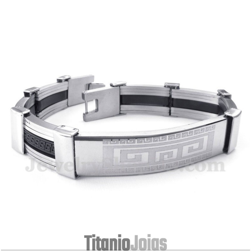 Pulseira Masculina De Titânio E Borracha Com Padrão Grego Meandro
