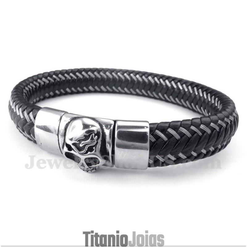 Pulseira Masculina De Couro Preto E Titânio Pulseira Masculina De Couro Preto E Titânio