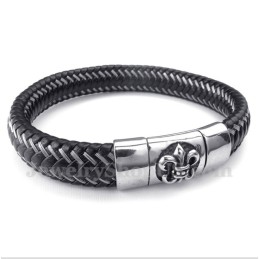 Pulseira Masculina De Couro Preto E Titânio Com Cabo Magnético
