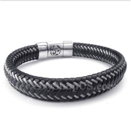 Pulseira Masculina De Couro Preto E Titânio Com Cabo Magnético