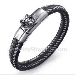 Pulseira Masculina De Couro Preto E Titânio Com Cabo Magnético