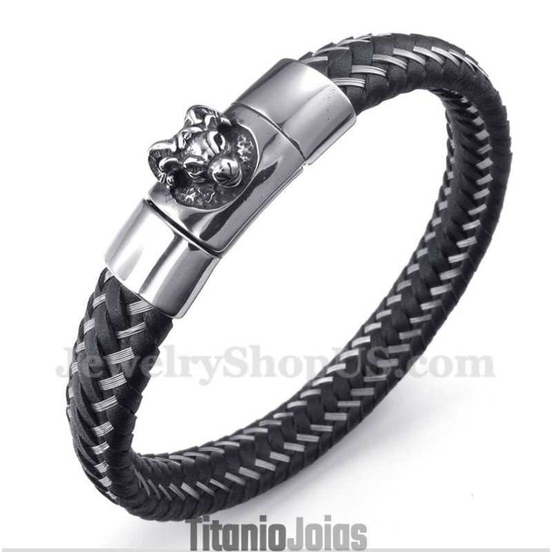 Pulseira Masculina De Couro Preto E Titânio Com Cabo Magnético Pulseira Masculina De Couro Preto E Titânio Com Cabo Magnético