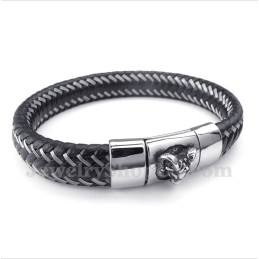 Pulseira Masculina De Couro Preto E Titânio Com Cabo Magnético