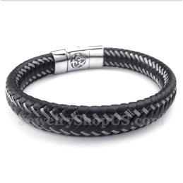 Pulseira Masculina De Couro Preto E Titânio Com Cabo Magnético