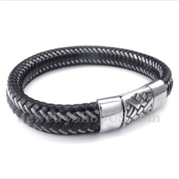 Pulseira Masculina De Couro Preto E Titânio