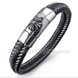 Pulseira Masculina De Couro Preto E Titânio