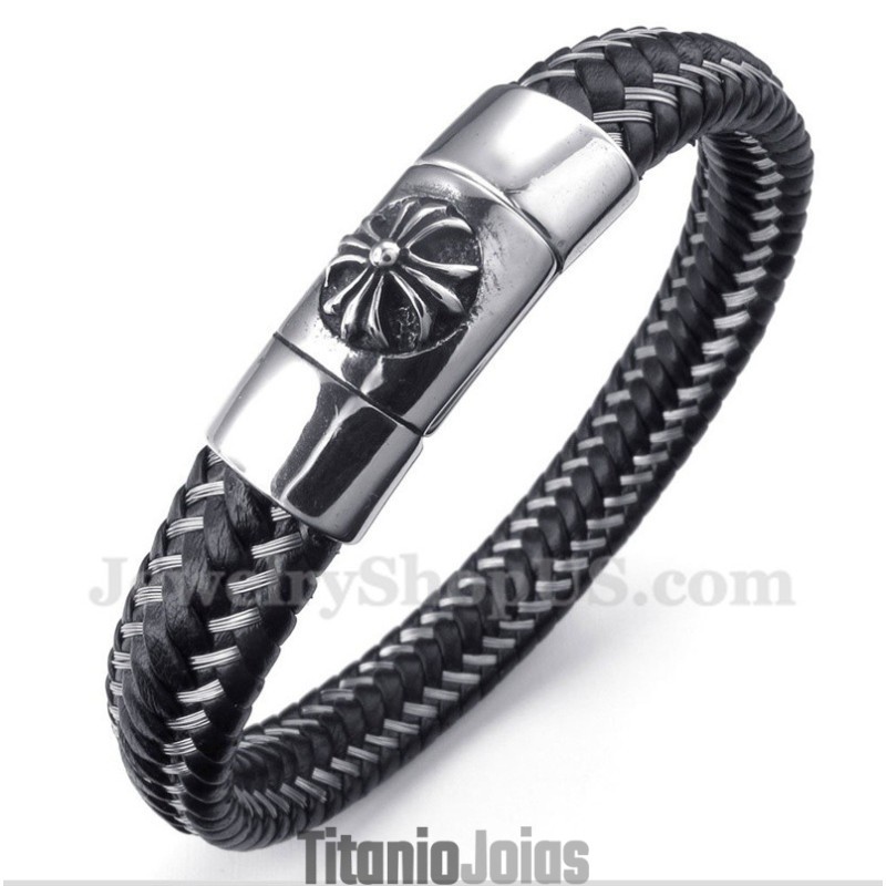 Pulseira Masculina De Couro Preto E Titânio Pulseira Masculina De Couro Preto E Titânio