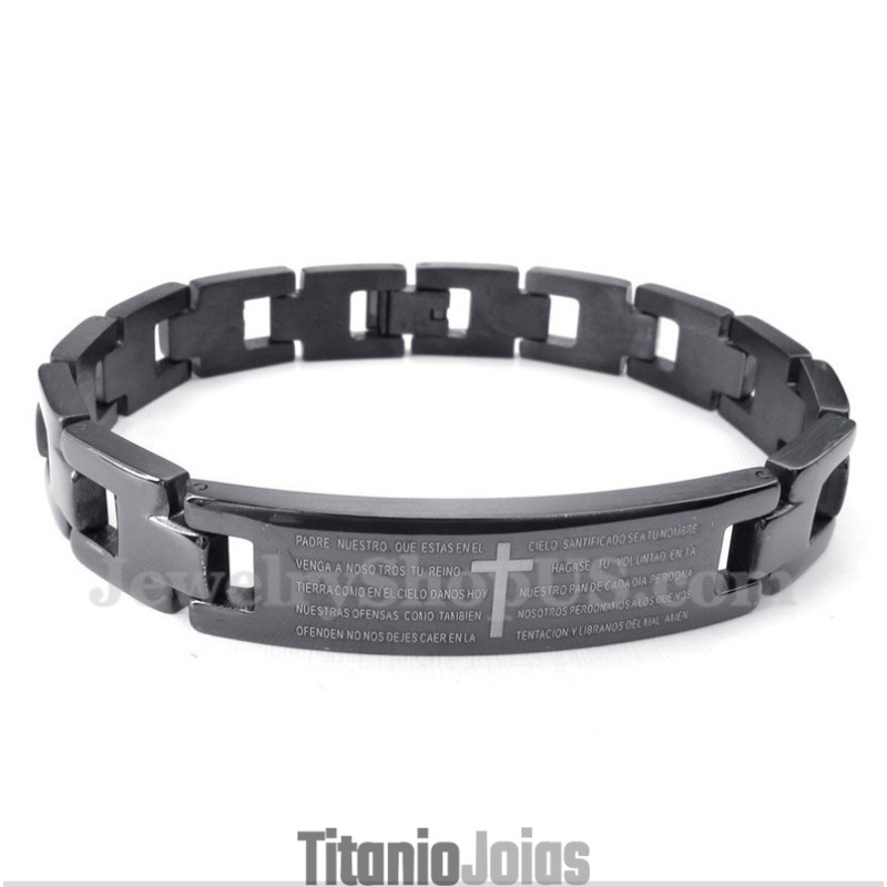 Pulseira Masculina De Titânio Com Versículo Bíblico Em Cruz