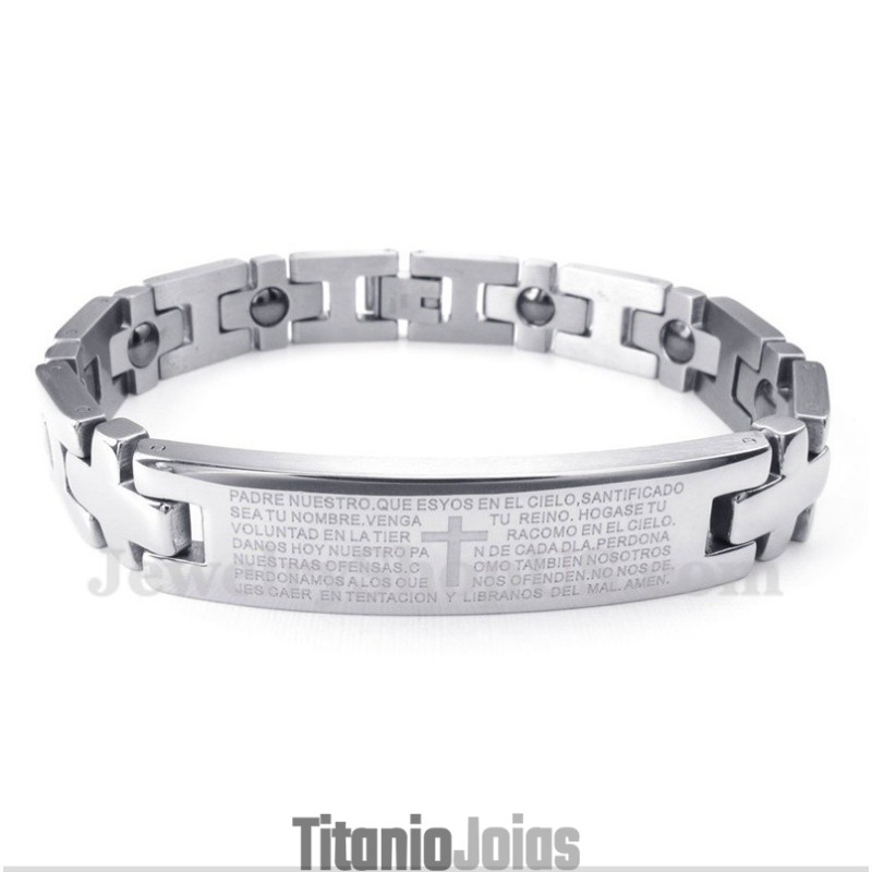 Pulseira Magnética Masculina De Titânio Com Versículo Bíblico Em Cruz Pulseira Magnética Masculina De Titânio Com Versículo Bíblico Em Cruz