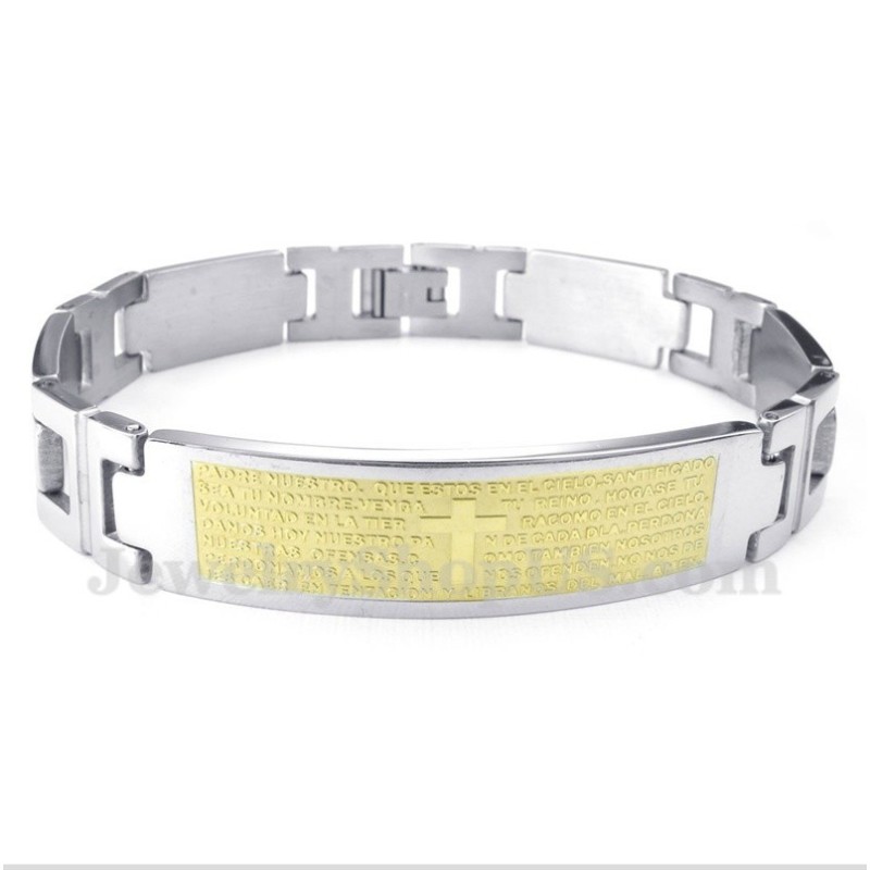 Pulseira Masculina De Titânio Com Cruz Dourada E Versículo Bíblico Pulseira Masculina De Titânio Com Cruz Dourada E Versículo Bíblico
