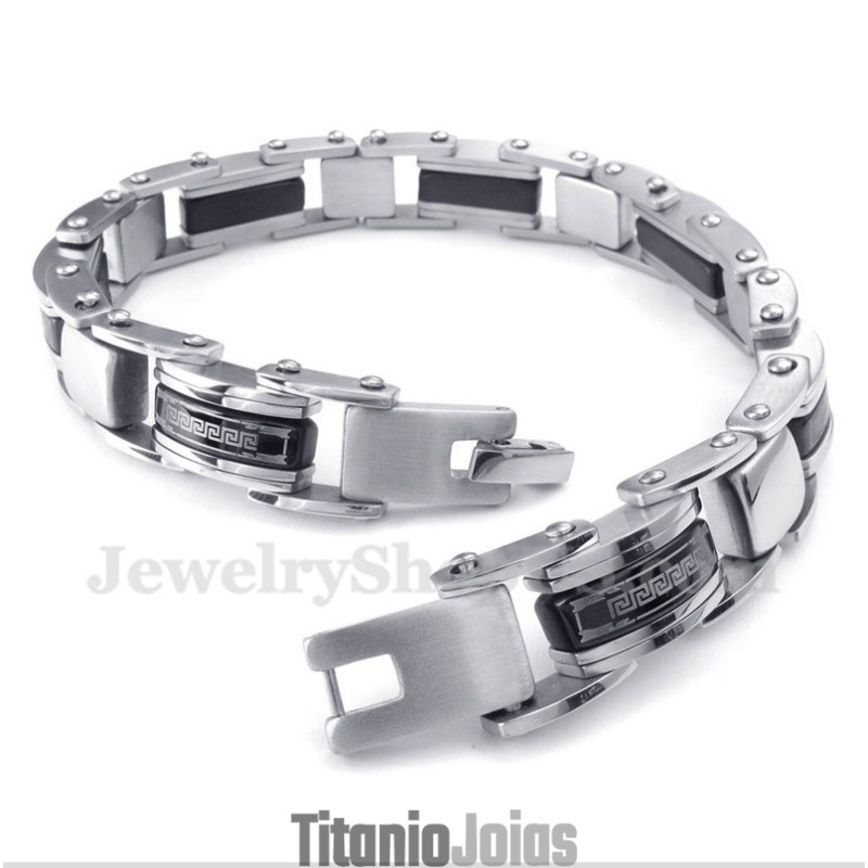 Pulseira Masculina De Titânio Preto Com Padrão Grego Meandro Pulseira Masculina De Titânio Preto Com Padrão Grego Meandro