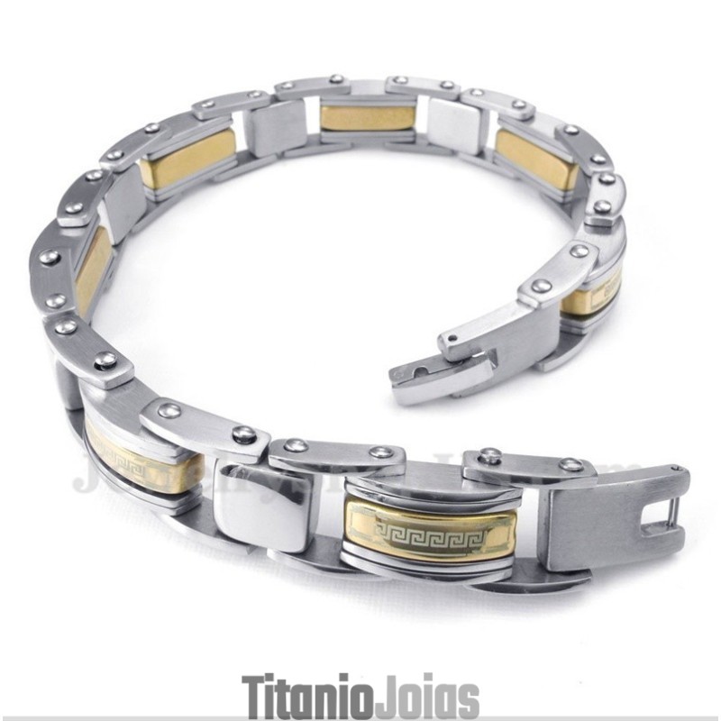 Pulseira Masculina De Titânio Dourado Com Padrão De Meandro Grego Pulseira Masculina De Titânio Dourado Com Padrão De Meandro Grego