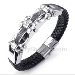 Pulseira Masculina De Couro Com Cabo De Titânio E Diamante