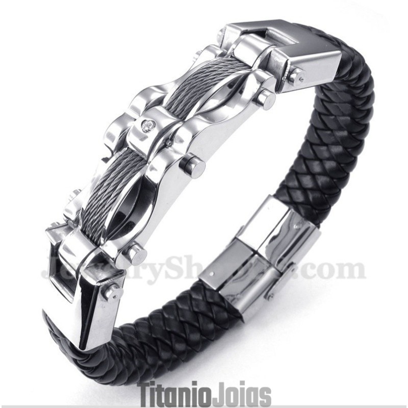 Pulseira Masculina De Couro Com Cabo De Titânio E Diamante