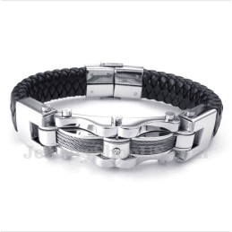 Pulseira Masculina De Couro Com Cabo De Titânio E Diamante