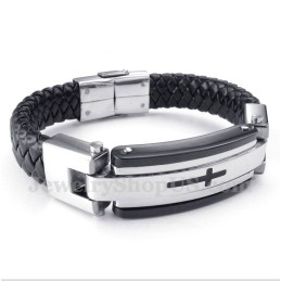 Pulseira Masculina De Couro Com Cruz De Titânio