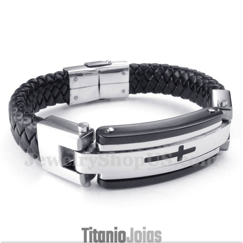 Pulseira Masculina De Couro Com Cruz De Titânio Pulseira Masculina De Couro Com Cruz De Titânio