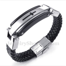 Pulseira Masculina De Couro Com Cruz De Titânio