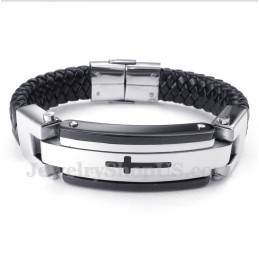 Pulseira Masculina De Couro Com Cruz De Titânio